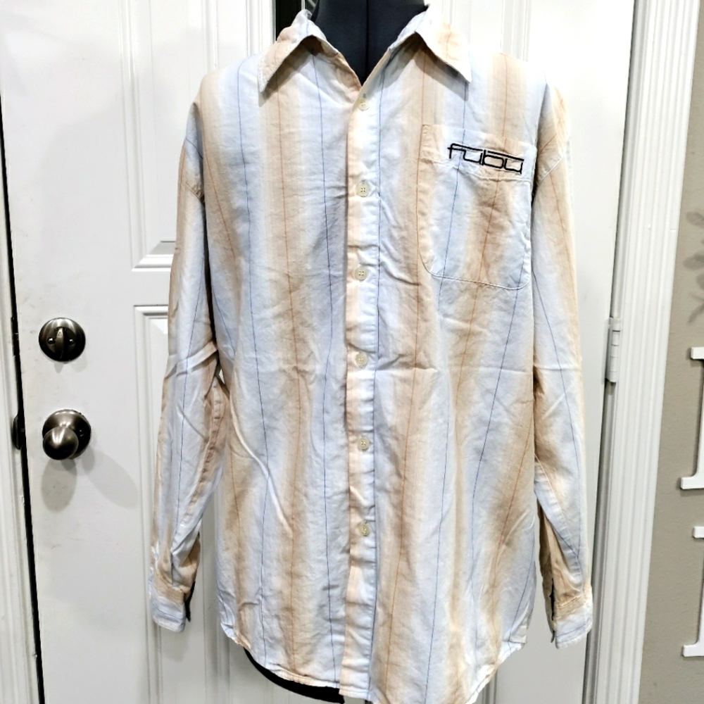 Fubu men's blue brown striped button down shirt 16/18 (neck sizing)